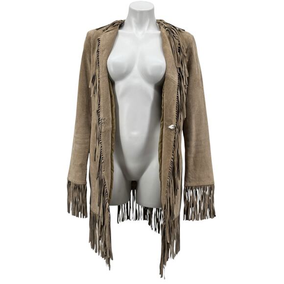 Wilsons Leather Fringe Suede Jacket Women SZ M Tan Western Boho Festival Vintage - Picture 7 of 13